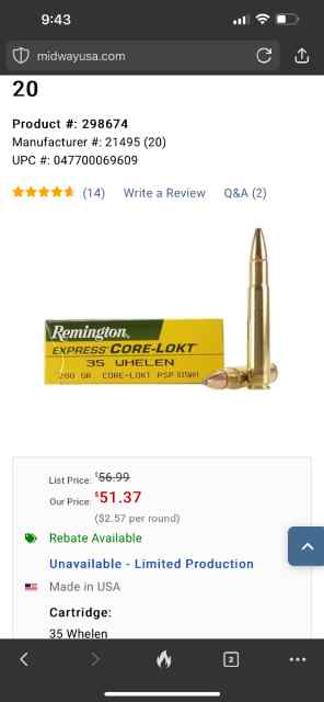 Remington Core-Lokt 35 Whelen Ammo 200 Grain