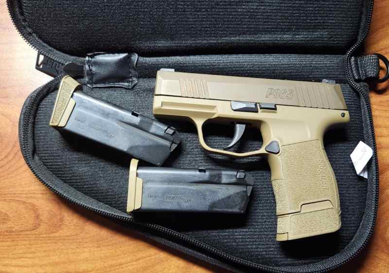 Sig Sauer P365 desert tan with three Sig magazines