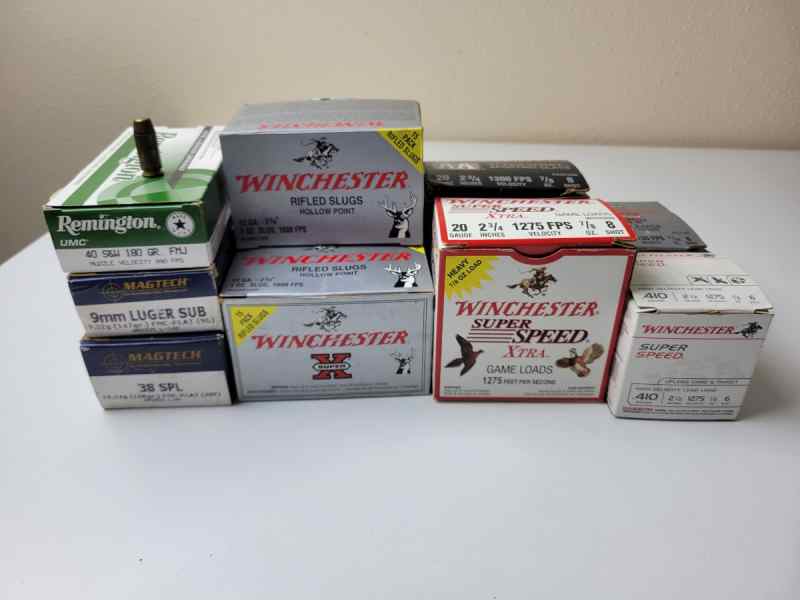 12, 20, 410 gauge shot shells 40 S&amp;W FMJ 9mm 38 S